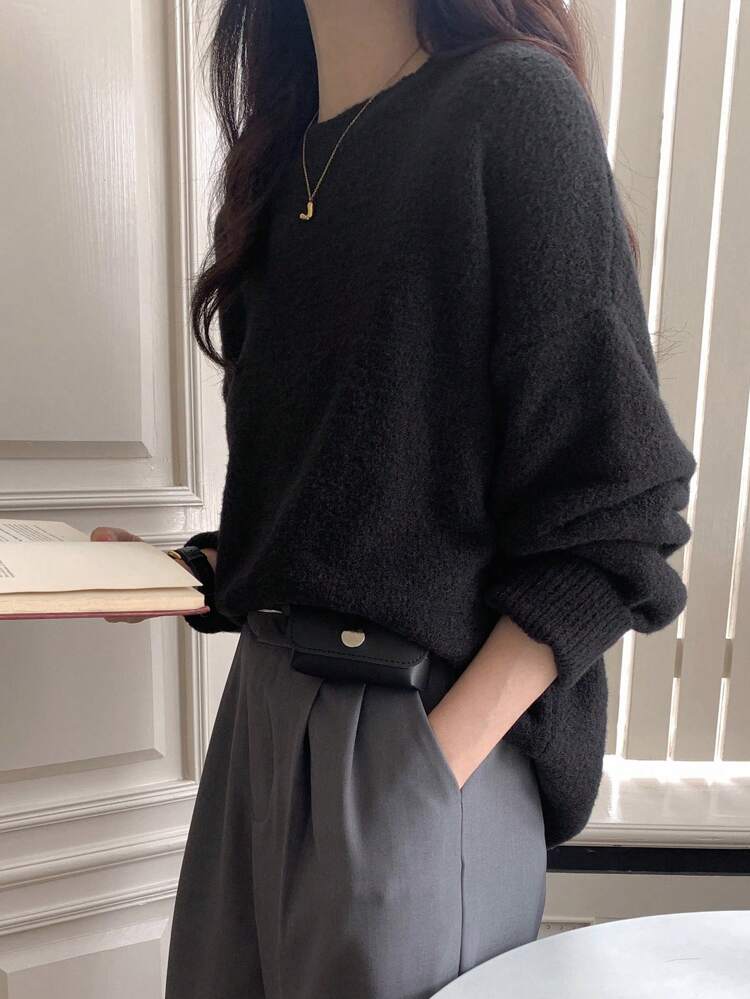 Women's Casual Loose Solid Color Drop Shoulder Sweater, Spring & Autumn,Long Sleeve Tops Old Money Style,Fall Women Clothes