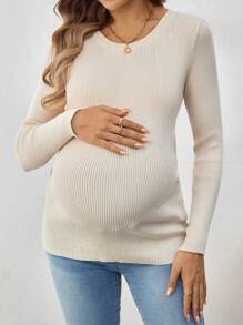 SHEIN Maternity Solid Crew Neck Long Sleeve Slim Fit Sweater, Spring/Fall, For Winter - Apricot - View 4