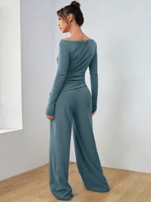 SHEIN EZwear 蓝绿色针织修身女士套装 - 青碧色 - 查看 2