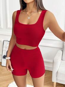 SHEIN EZwear 针织女士休闲运动套装 - 玫瑰紅 - 查看 4