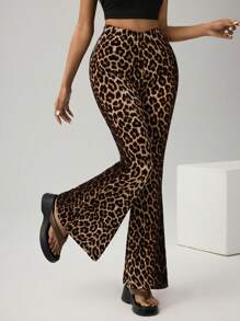 Siren Gaze Women Leopard Print High Waist Flared Pants,Leopard Costume Winter Brown Elegant Cheetah Spring - Brown - View 6
