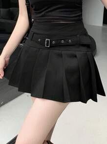 DAZY Women's Solid Color Elasticated Waist Pleated A-Line Skirt Fall Skirts - Black - View 5