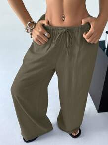 SHEIN EZwear 女式纯色前系带口袋简约休闲裤 - 軍綠色 - 查看 3