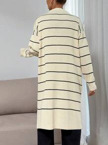 RueChic Woman Rhinestones Button Front Loose Fit Striped Long Comfy And Warm Sweater Cardigan - Beige - View 2