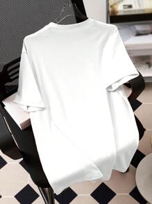 青少年男孩休閒印花T恤，簡約黑白字母設計，夏季 - 白色 - 查看 2