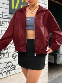 Chaqueta negra con cremallera y hombros caídos - Burdeos - Ver 4