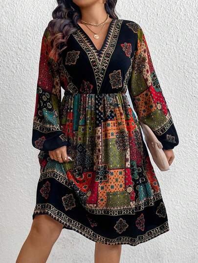 SHEIN LUNE Fall Women Dresses Plus Size Vintage Patchwork Pattern Bohemian V-Neck Lantern Sleeve Dress Fall Wedding Guest Dress,Beach Dress Sundress,Holiday Outfits Boho