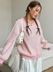 SHEIN Unity 女士撞色圆领长袖针织套头衫、长袖上衣 - 彩色 - 查看 1