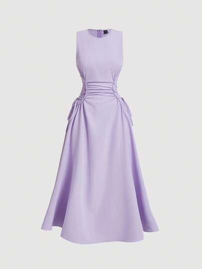 SHEIN MOD Black Date Night Lateral Cross Frenulum Solid Ruched Detail Long Dress,Pastel Dresses For Women