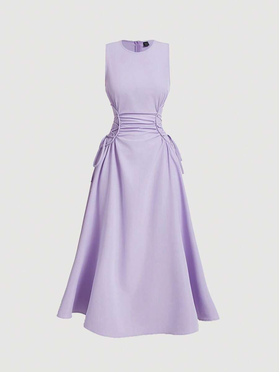 SHEIN MOD Black Date Night Lateral Cross Frenulum Solid Ruched Detail Long Dress,Pastel Dresses For Women - Lilac Purple - View 1