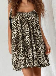 SHEIN EZwear Vestido de verano con volantes y tirantes de mujer con estampado de leopardo en línea A