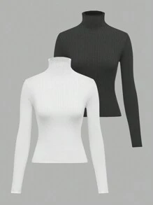 SHEIN Unity 2703 Black & White Turtleneck Sweater Set, Knit Pullover Fall Winter - Multicolor - View 3