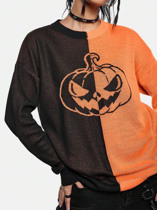 Sonchs Curiosities Artist Women's Pumpkin Pattern Drop Shoulder Crew Neck Long Sleeve Sweater Top, For Holiday, Vacation, Going Out, Festival, Ibiza Fits