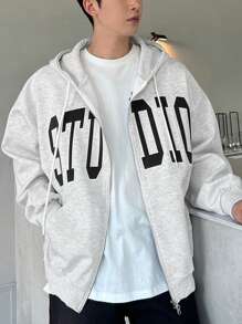 DAZY Men's Casual Letter Embroidered Zip-Up Hoodie, Autumn - Light Grey - View 3