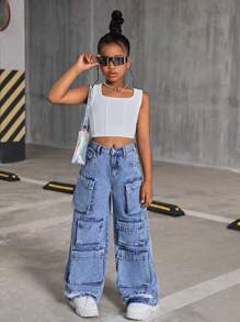 SHEIN Tween 女孩 Y2K 时尚石洗多口袋破洞工装牛仔裤宽松阔腿裤，Tween 女孩秋装返校装 - 中等水洗藍 - 查看 4