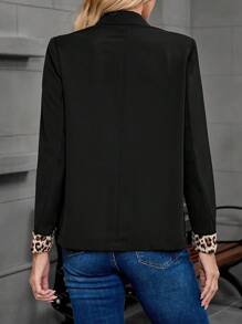 EMERY ROSE Women's Solid & Leopard Print Patchwork Minimalist Long Sleeve Blazer Jacket - Black - View 2