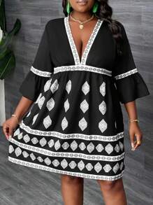 Slaydiva Robe mini grande taille pour femmes avec col en V, manches 3/4, volants à l'ourlet, coupe décontractée, imprimé géométrique, pour vacances, sexy et décontracté, printemps et été