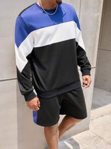 Manfinity Homme Conjunto de sudadera con capucha y pantalones cortos de contraste de bloques de color talla grande para hombres, primavera otoño