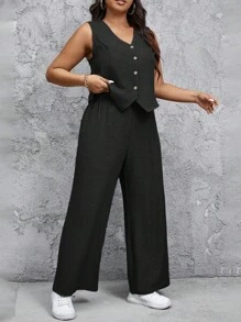 SHEIN Frenchy 2pcs Plus Size V-Neck Sleeveless Vest And Straight Leg Casual Pants Set