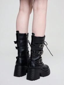 ROMWE Grunge Punk Giày bốt cao gót đế dày mũi kín phong cách Rock Punk Châu Âu & Mỹ màu đen có dây buộc, khóa thắt lưng, đế xuồng dành cho nữ, phong cách Gothic, thời trang đường phố, đinh tán, dài đến giữa bắp chân, Halloween mùa thu - màu đen - Xem 5