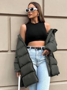 SHEIN Cottnline 斜口袋拉鏈開襟連帽麵包服 - 橄欖綠 - 查看 5