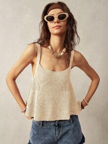 Bohemela Women's Solid Color Wide Strap Hollow Out Casual Knitted Top, Resort Wear - Apricot - View 8