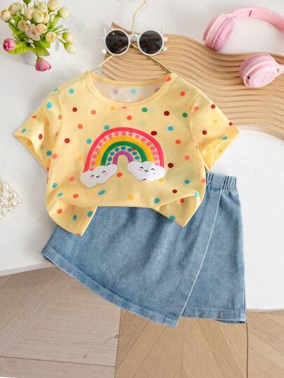 Conjunto de 2 piezas para niña joven, de vuelta al colegio, informal, lindo, con camiseta de cuello redondo con estampado de lunares y arcoíris, y falda-pantalón corta de mezclilla de color liso, para verano