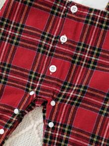 SHEIN 2 piezas/Conjunto Ropa de fiesta de Navidad para niño bebé, pelele de manga larga a cuadros rojos con pajarita y gorro, estilo casual escolar adecuado para fiesta, vuelta al colegio