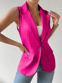 Ellegaria. Women's Spring Summer Sleeveless Blazer Jacket With One-Button Closure And Lapel Collar - Hot Pink - View 4