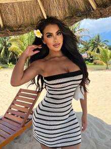 Zolique Women Contrast Stripe Simple Daily Knitted Tube Dress - Black and White - View 6