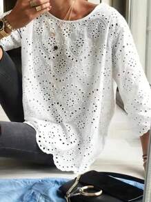 SHEIN LUNE Women's Burnout Floral Embroidery Round-Neck Shirt - White - View 1