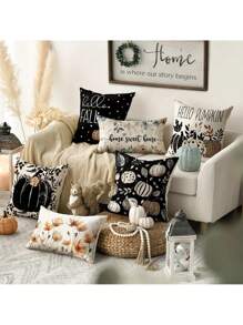 4 件黑色 Hello Pumpkin 叶子抱枕套，18 X 18 英寸秋季感恩节收获波尔卡圆点装饰沙发装饰 - 黑色 - 查看 5