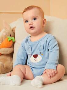 SHEIN 3件套男婴休闲可爱熊耳图案平底连体衣，秋季款