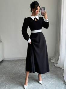 Selianne 女士撞色简约日常装领口长袖连衣裙长款女装 - 黑色 - 查看 7