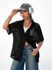 SHEIN EZwear 女式夏季休闲纹理面料短袖衬衫 - 黑色 - 查看 7