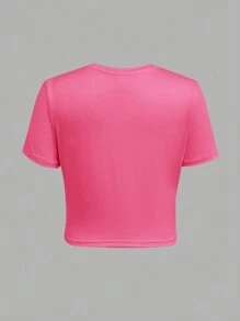 SHEIN 3pcs/Set Tween Girls Crew Neck Solid Color Comfy Short Sleeve T-Shirts - Hot Pink - View 11