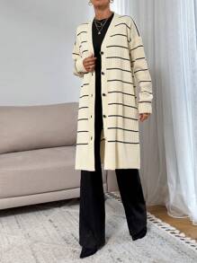 RueChic Woman Rhinestones Button Front Loose Fit Striped Long Comfy And Warm Sweater Cardigan - Beige - View 4