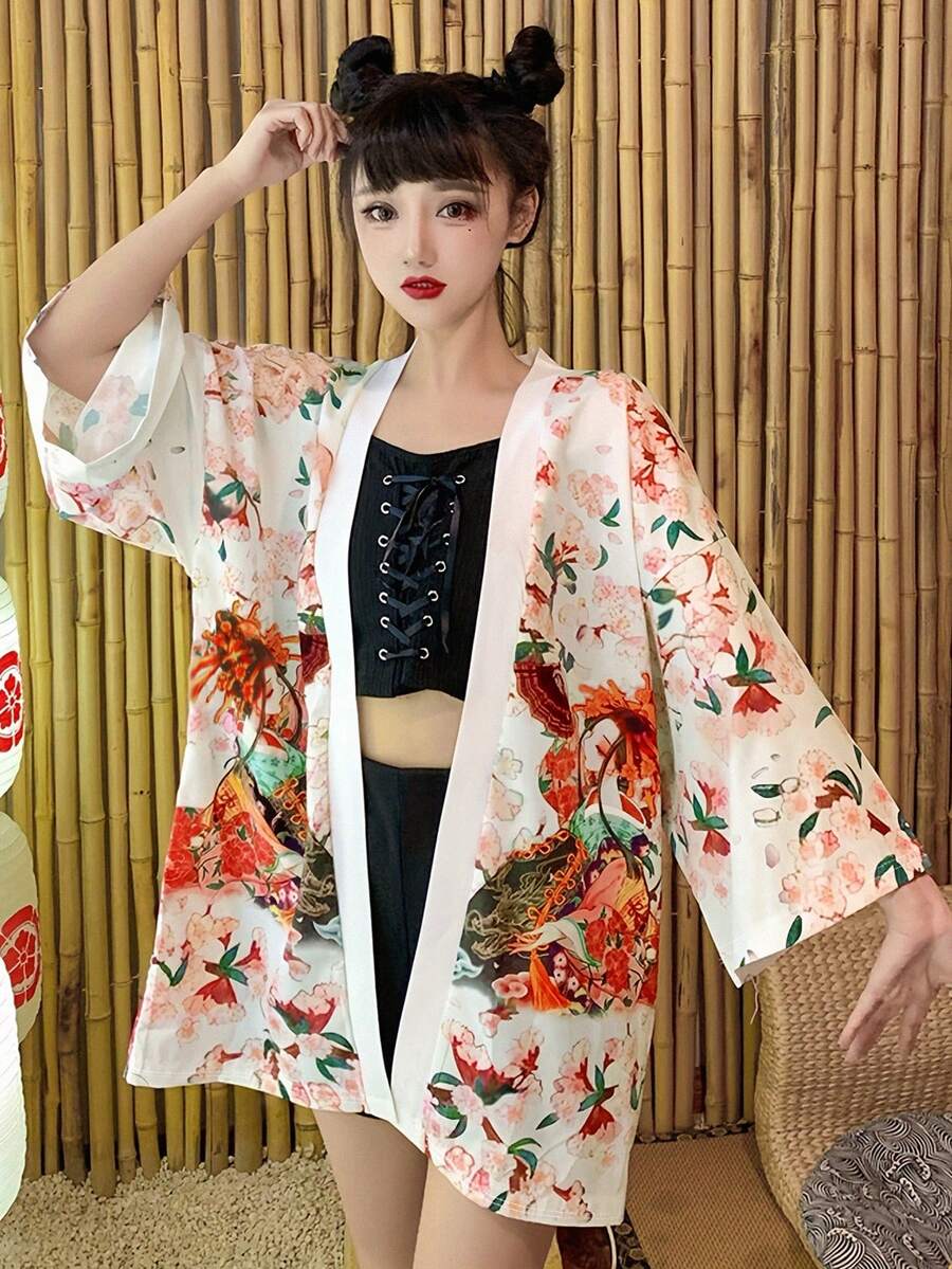 Women Floral Print Splicing Mid-Long Sleeve Kimono Jacket - Multicolor - View 1