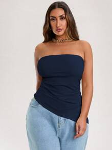 SHEIN BAE Plus Size Nữ Ống Top Màu Be Co Giãn Dệt Kim Chặt Xù Lông Thiết Kế Bất Đối Xứng Viền Áo Tank Top - Màu xanh hải quân - Xem 3