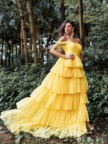 Faeriesty Fringed Trim Off Shoulder Ruched Bustie Prom Dress - Yellow - View 1