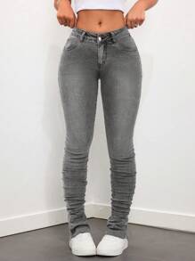 SHEIN ICON Low-Rise Stonewashed Flare Leg Jeans