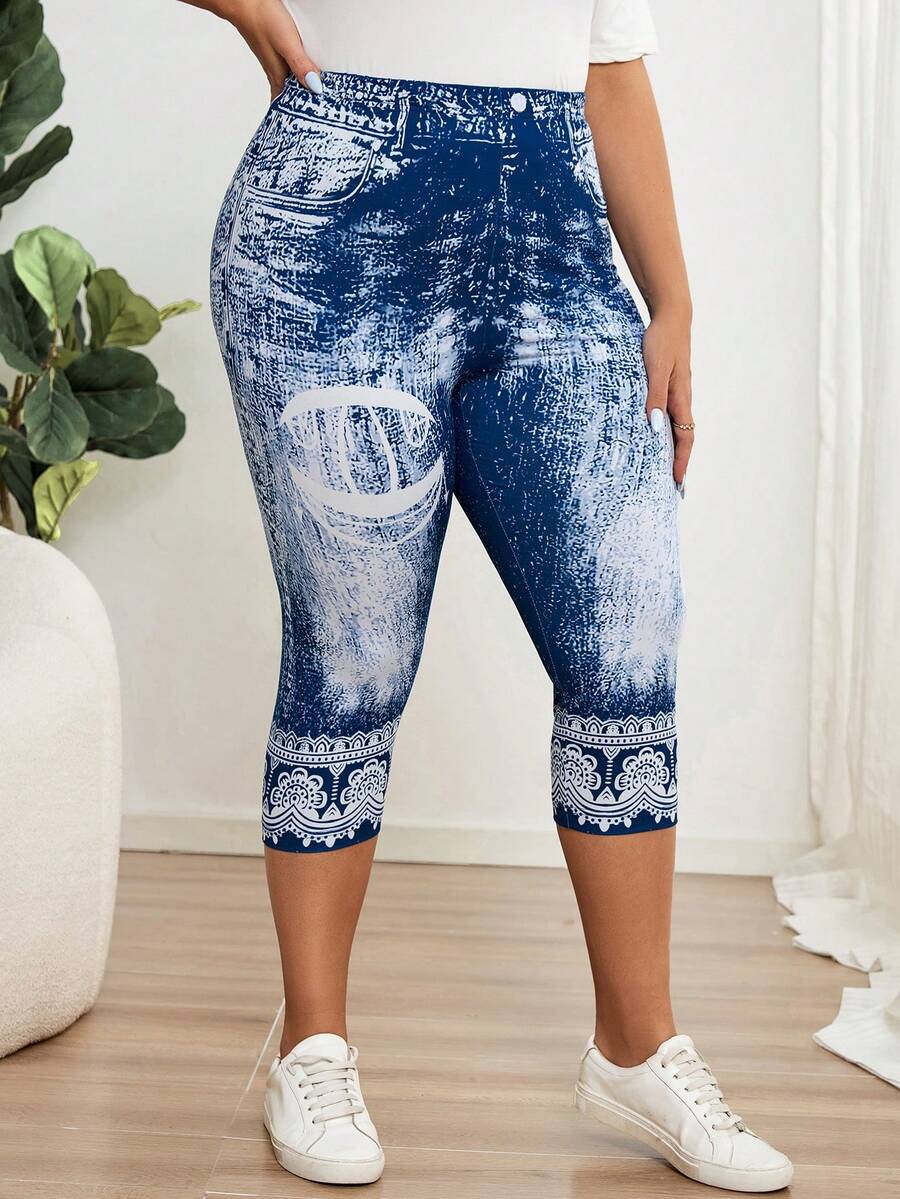 EMERY ROSE Plus Size Women's Denim Effect Print Leggings - Blue - View 1