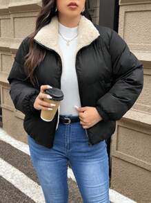 SHEIN Frenchy Plus Size Women's Short Padded Coat, For Winter Fall Autumn - Black - View 3