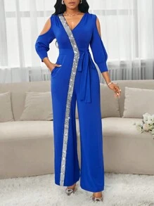 SHEIN Lady Bộ áo liền quần tay phồng 2 trong 1 thanh lịch đầy màu sắc thời trang dành cho nữ - Màu xanh lam - Xem 6