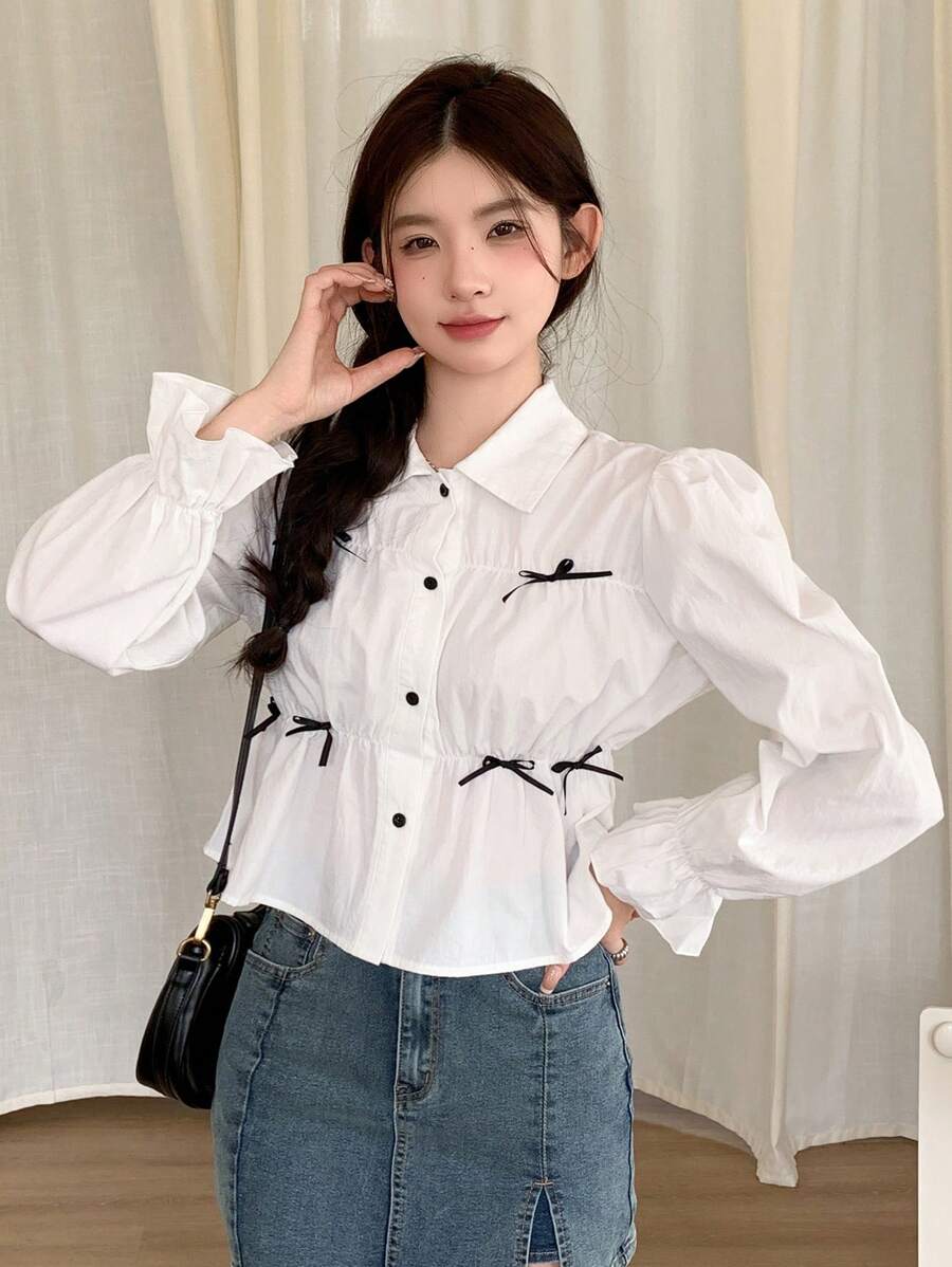 DAZY Women's Turndown Collar Front Button Butterfly Decor Simple Casual Shirt,Ruffle - White - View 1