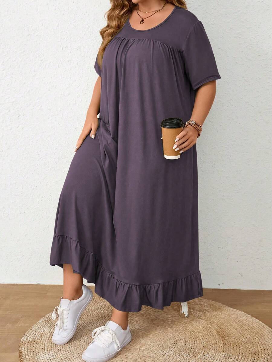 Mulvari Großgrößenkleid mit Rundhalsausschnitt, kurzen Ärmeln, Raffungen und lässigem, elegantem Stil, Maxikleid für Damen - Grauviolett - Übersicht 1