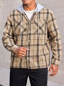 Manfinity Homme Plus Size Men's Plaid Long Sleeve Hooded Casual Loose Pocket Shacket, Spring/Autumn