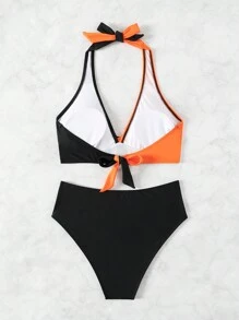 SHEIN Swim Women 2pcs Orange And Black Colorblock Bikini Set, Bathing Suit Summer - Multicolor - View 2
