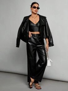 SHEIN Tall Black Date Night Solid PU Leather Straight Leg Pants - Black - View 5
