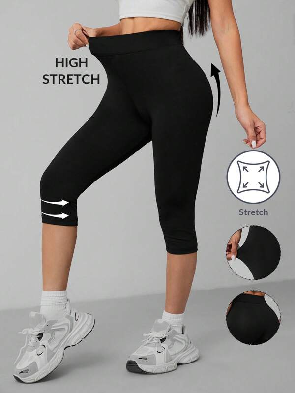 SHEIN PETITE Colanți skinny negri casual cu talie înaltă, lungime 3/4, pentru femei, potriviți pentru vară